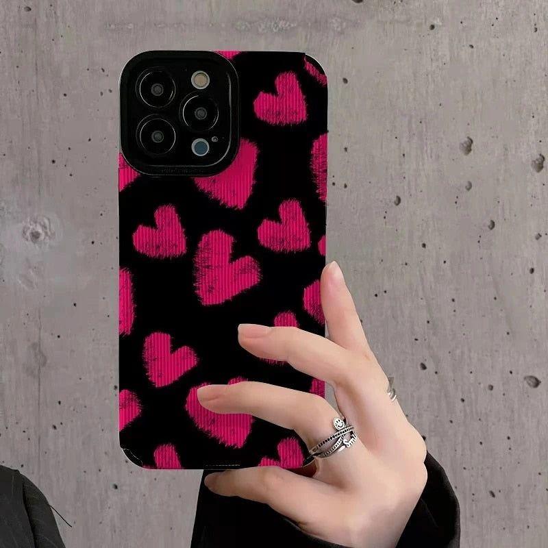 Stylish Pink Black Heart Pattern Cute Phone Cases For iPhone SE, 7, 8 Plus, X, XR, 11, 12 Pro, 13, 14 XS Max - Touchy Style