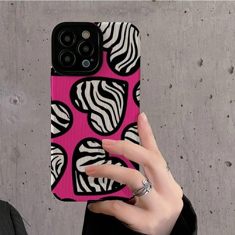 Stylish Pink White Heart Zebra Pattern Cute Phone Cases For iPhone 14, 13, 12 Pro, 11, XS Max, 7, 8 Plus, X, XR, SE - Touchy Style