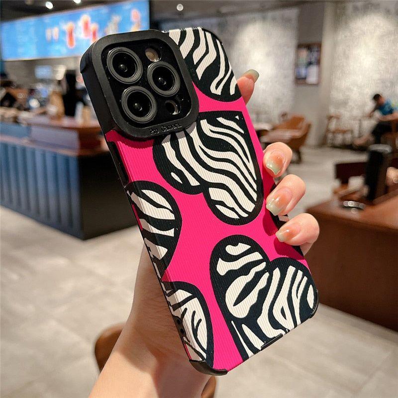 Stylish Pink White Heart Zebra Pattern Cute Phone Cases For iPhone 14, 13, 12 Pro, 11, XS Max, 7, 8 Plus, X, XR, SE - Touchy Style