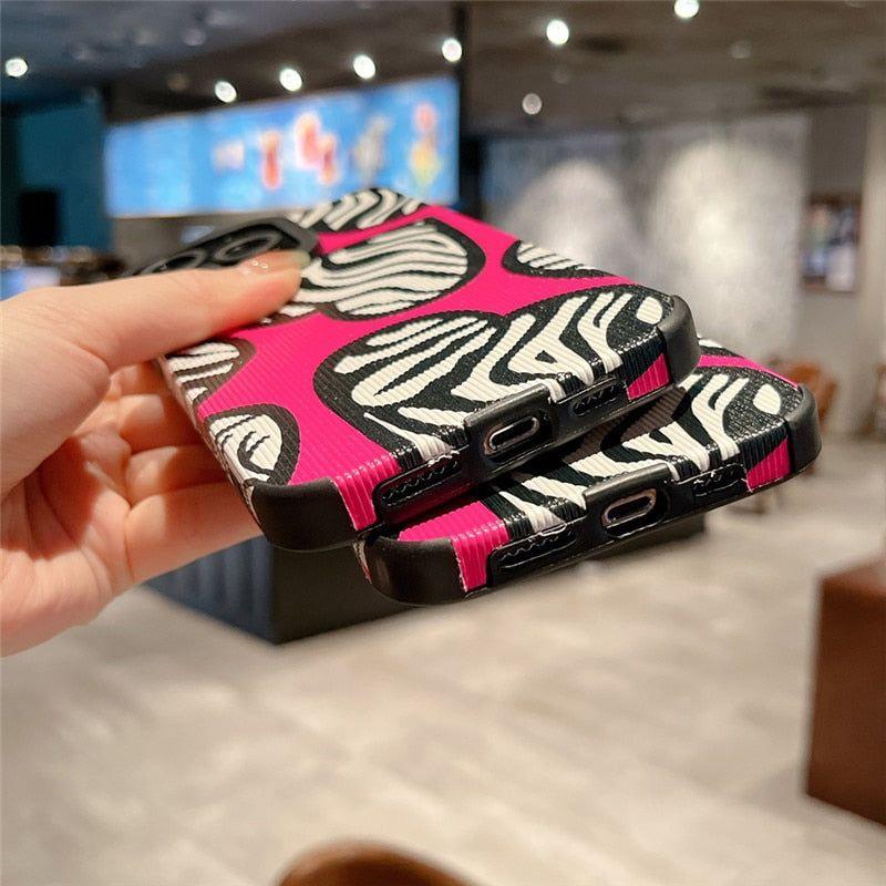 Stylish Pink White Heart Zebra Pattern Cute Phone Cases For iPhone 14, 13, 12 Pro, 11, XS Max, 7, 8 Plus, X, XR, SE - Touchy Style