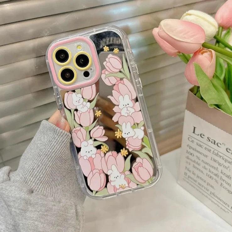 TSP100 Cute Phone Cases For iPhone 15 Pro Max, 14, 13, 11, and 12 - Rabbit Bear Silver Mirror Back Cover - Touchy Style