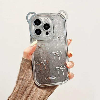TSP101 Cute Phone Cases For iPhone 15, 14, 13, 12, 11, Pro Max, XS, X, and 15 Plus - 3D Bear Ear, and Bowknots Plating Silver Bumper - Touchy Style