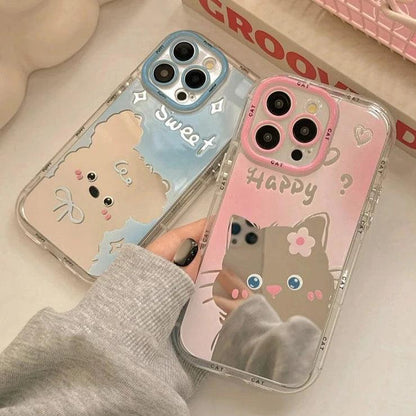 TSP102 Cute Phone Cases For iPhone 11, 12, 13, 14, and 15 Pro Max - Cartoon Cat Puppy Makeup Mirror Cover - Touchy Style