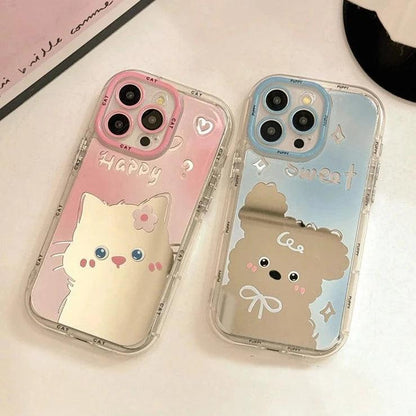 TSP102 Cute Phone Cases For iPhone 11, 12, 13, 14, and 15 Pro Max - Cartoon Cat Puppy Makeup Mirror Cover - Touchy Style