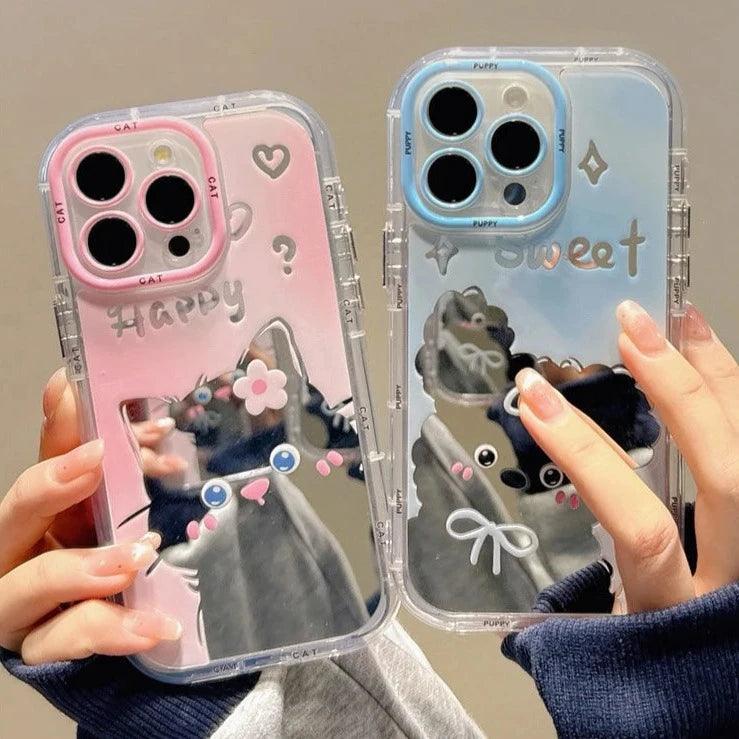 TSP102 Cute Phone Cases For iPhone 11, 12, 13, 14, and 15 Pro Max - Cartoon Cat Puppy Makeup Mirror Cover - Touchy Style