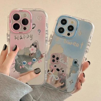 TSP102 Cute Phone Cases For iPhone 11, 12, 13, 14, and 15 Pro Max - Cartoon Cat Puppy Makeup Mirror Cover - Touchy Style