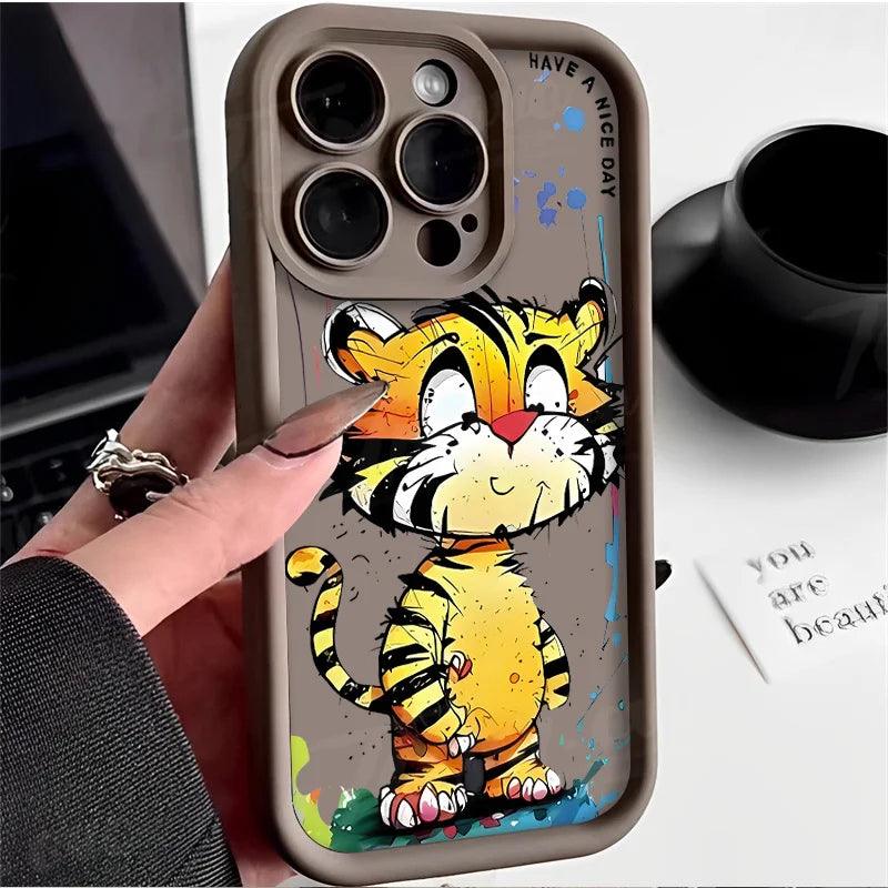 TSP109 Cute Phone Cases For iPhone 13, 14, 15, 11, 12 Pro Max, XS, XR, X, 8, 7 Plus, SE2, 14Pro, and 15Pro - Cartoon Tiger Cover - Touchy Style