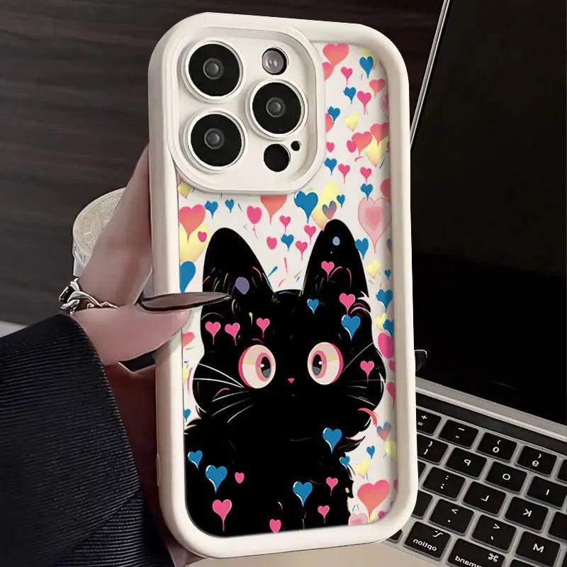 TSP113 Cute Phone Cases For iPhone 15, 14, 13, 12, 11, Pro Max, XS, XR, X, 8, 7 Plus, and SE2 - Hearts and Black Cat Pattern - Touchy Style