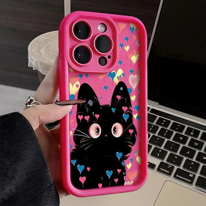 TSP113 Cute Phone Cases For iPhone 15, 14, 13, 12, 11, Pro Max, XS, XR, X, 8, 7 Plus, and SE2 - Hearts and Black Cat Pattern - Touchy Style