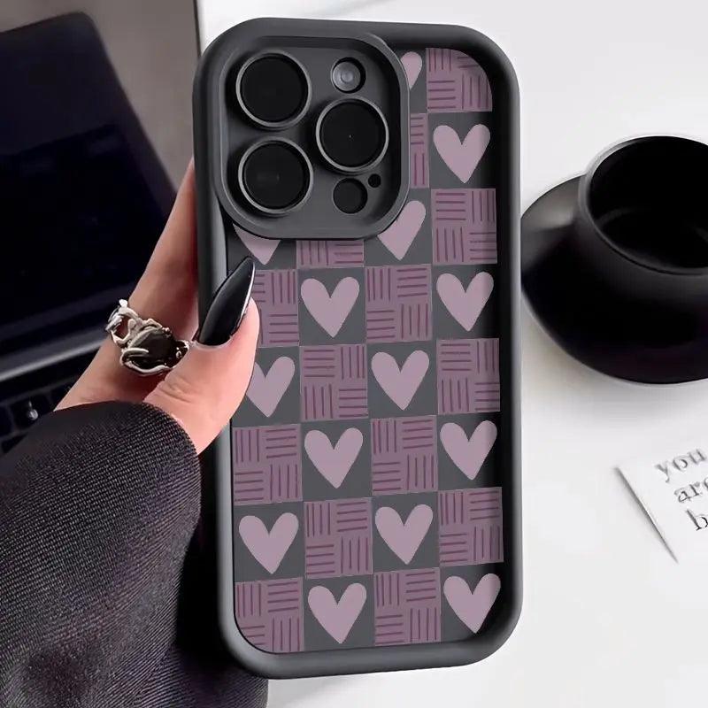 TSP130 Cute Phone Cases For iPhone 15, 14, 13, 12, 11, Pro Max, XS, XR, X, 8, 7 Plus, and SE2 - Matte Heart Grid Pattern - Touchy Style