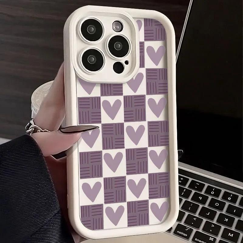 TSP130 Cute Phone Cases For iPhone 15, 14, 13, 12, 11, Pro Max, XS, XR, X, 8, 7 Plus, and SE2 - Matte Heart Grid Pattern - Touchy Style