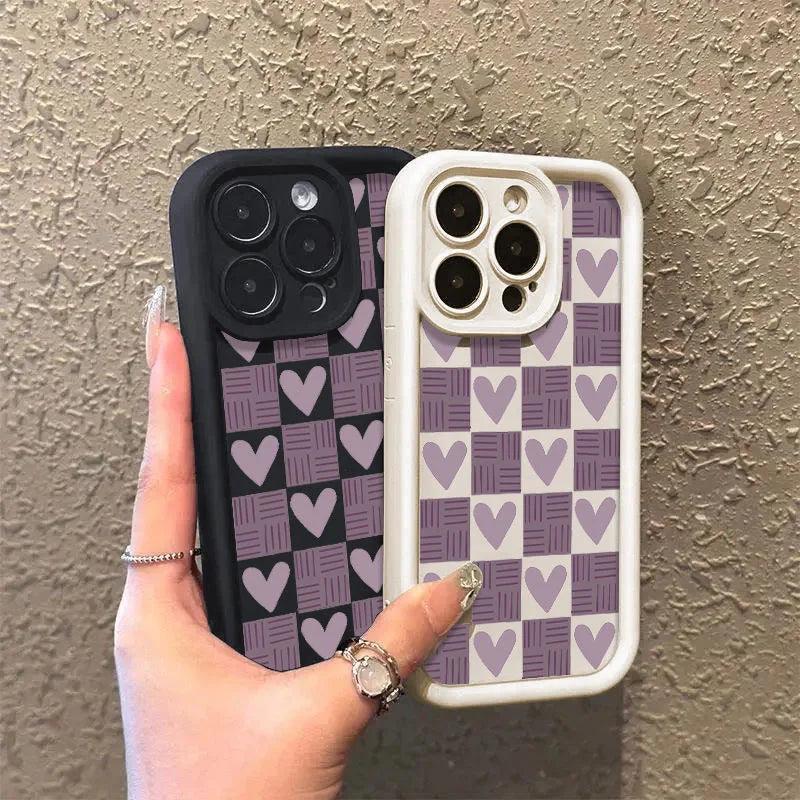 TSP130 Cute Phone Cases For iPhone 15, 14, 13, 12, 11, Pro Max, XS, XR, X, 8, 7 Plus, and SE2 - Matte Heart Grid Pattern - Touchy Style