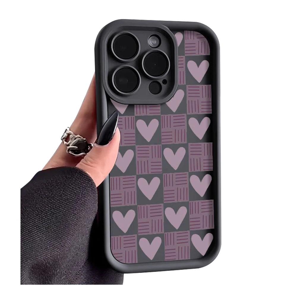 TSP130 Cute Phone Cases For iPhone 15, 14, 13, 12, 11, Pro Max, XS, XR, X, 8, 7 Plus, and SE2 - Matte Heart Grid Pattern - Touchy Style