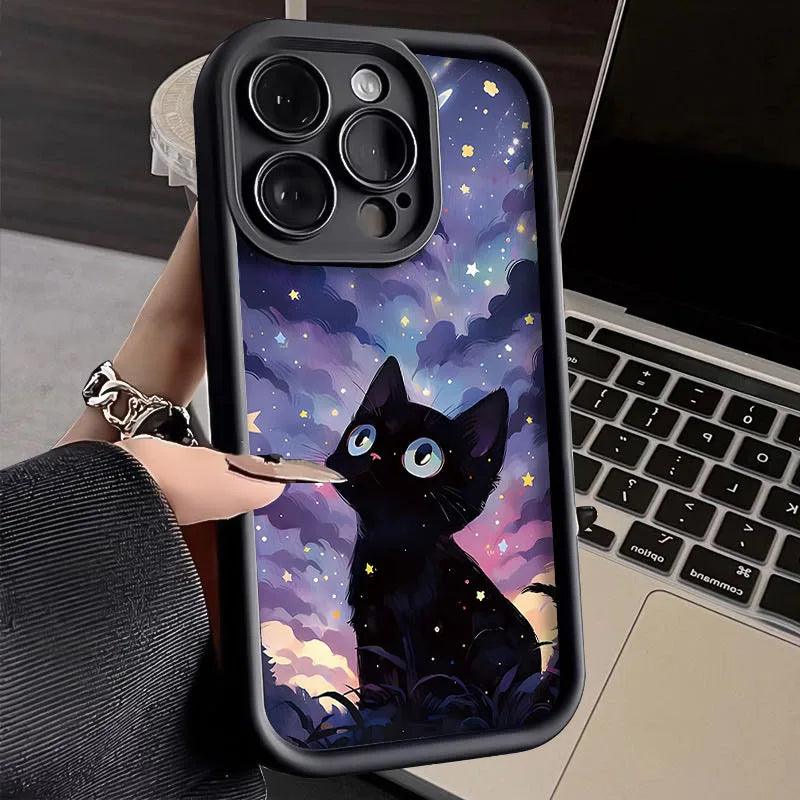 TSP136 Cute Phone Cases For iPhone 15, 14, 13, 12, 11 Pro Max, XS, XR, X, 8, 7 Plus, SE2, 14Pro, and 15Pro - Starry Sky With Cat Pattern - Touchy Style