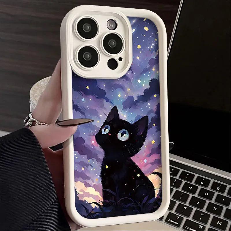 TSP136 Cute Phone Cases For iPhone 15, 14, 13, 12, 11 Pro Max, XS, XR, X, 8, 7 Plus, SE2, 14Pro, and 15Pro - Starry Sky With Cat Pattern - Touchy Style