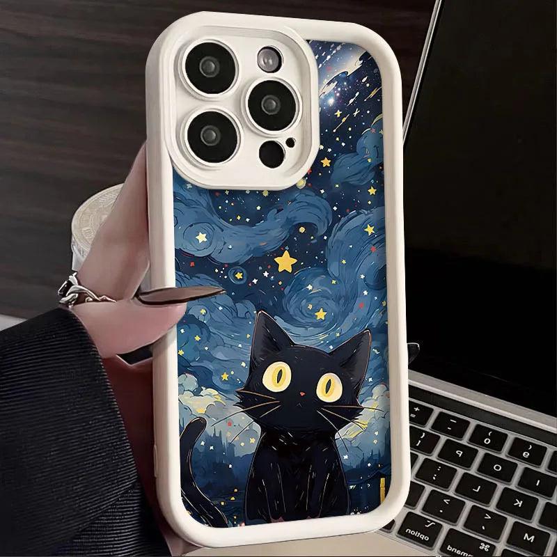 TSP137 Cute Phone Cases For 15, 14, 13, 12, 11, Pro Max, XS, XR, X, 8, 7 Plus, SE2, 14Pro, and 15Pro - Starry Sky With Cat Pattern - Touchy Style