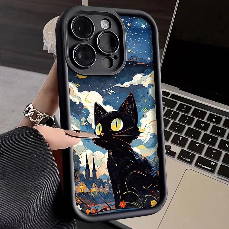 TSP138 Cute Phone Cases For iPhone 15, 14, 13, 12, 11, Pro Max, XS, XR, X, 8, 7 Plus, SE2, 14Pro, and 15Pro - Starry Sky With Cat Pattern - Touchy Style