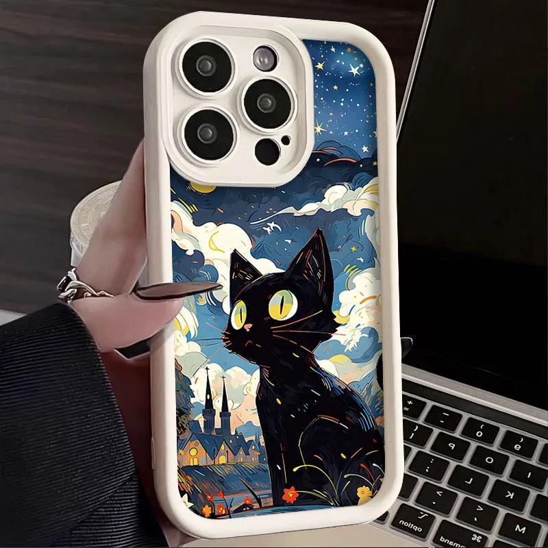 TSP138 Cute Phone Cases For iPhone 15, 14, 13, 12, 11, Pro Max, XS, XR, X, 8, 7 Plus, SE2, 14Pro, and 15Pro - Starry Sky With Cat Pattern - Touchy Style