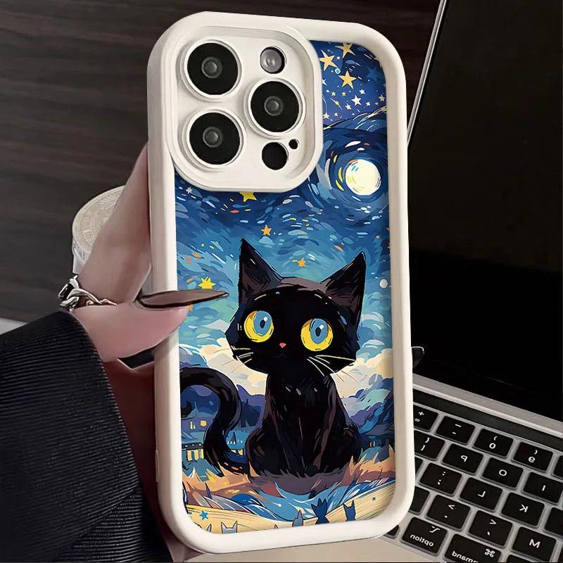 TSP139 Cute Phone Cases For iPhone 15, 14, 13, 12, 11, Pro Max, XS, XR, X, 8, 7 Plus, SE2, 14Pro, and 15Pro - Starry Sky With Cat Pattern - Touchy Style