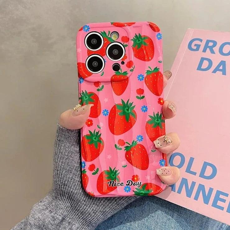 TSP18 Cute Phone Cases for iPhone 11, 12, 13, 14, and 15 Pro Max - Strawberry 3D Wave Glossy Cover - Touchy Style