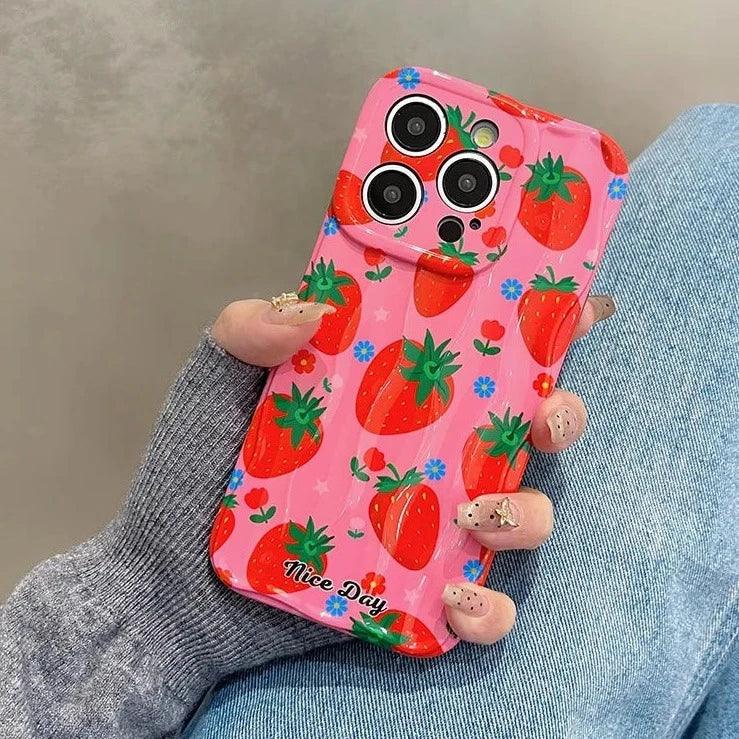 TSP18 Cute Phone Cases for iPhone 11, 12, 13, 14, and 15 Pro Max - Strawberry 3D Wave Glossy Cover - Touchy Style