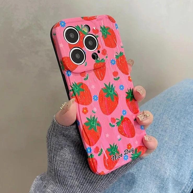 TSP18 Cute Phone Cases for iPhone 11, 12, 13, 14, and 15 Pro Max - Strawberry 3D Wave Glossy Cover - Touchy Style