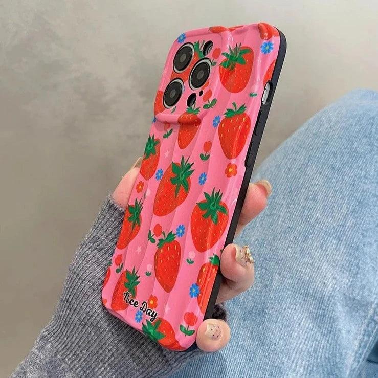 TSP18 Cute Phone Cases for iPhone 11, 12, 13, 14, and 15 Pro Max - Strawberry 3D Wave Glossy Cover - Touchy Style