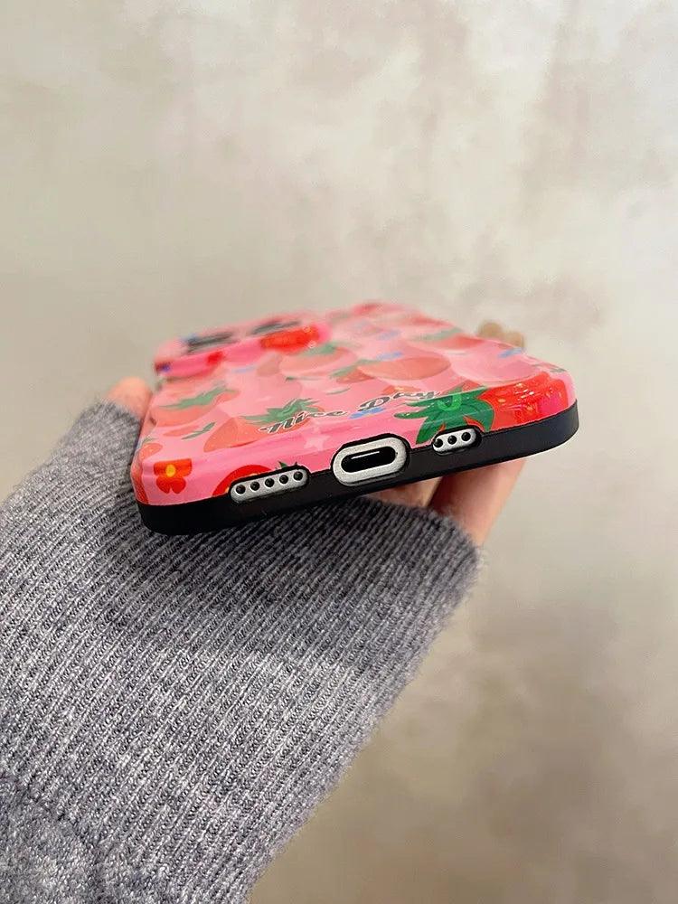 TSP18 Cute Phone Cases for iPhone 11, 12, 13, 14, and 15 Pro Max - Strawberry 3D Wave Glossy Cover - Touchy Style