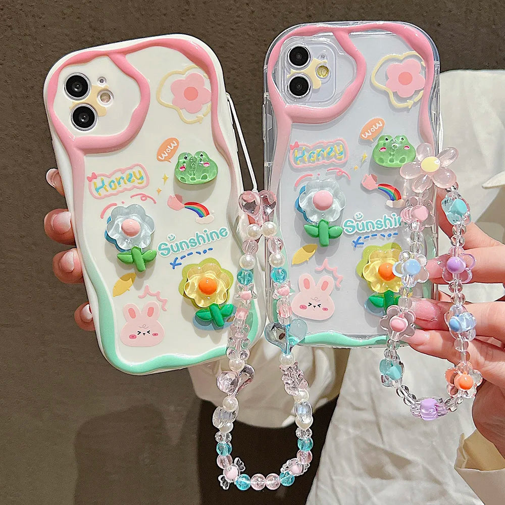 TSP181-B Cute Phone Cases For iPhone 15, 14, 13 Pro Max - With Cartoon Bracelet Chain, Transparent Cover - Touchy Style