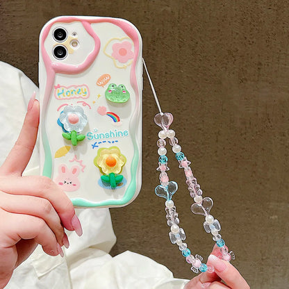 TSP181-B Cute Phone Cases For iPhone 15, 14, 13 Pro Max - With Cartoon Bracelet Chain, Transparent Cover - Touchy Style