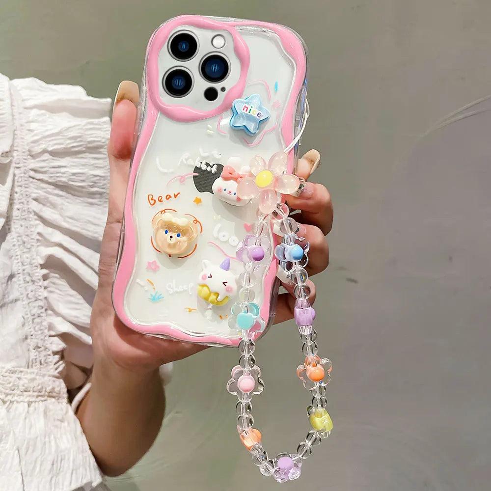 TSP181 Cute Phone Cases For iPhone 15, 14, 13, 12, 11, Pro Max, XS Max, XR, 8 Plus, and 7 - With Cartoon Bracelet Chain, Transparent Cover - Touchy Style