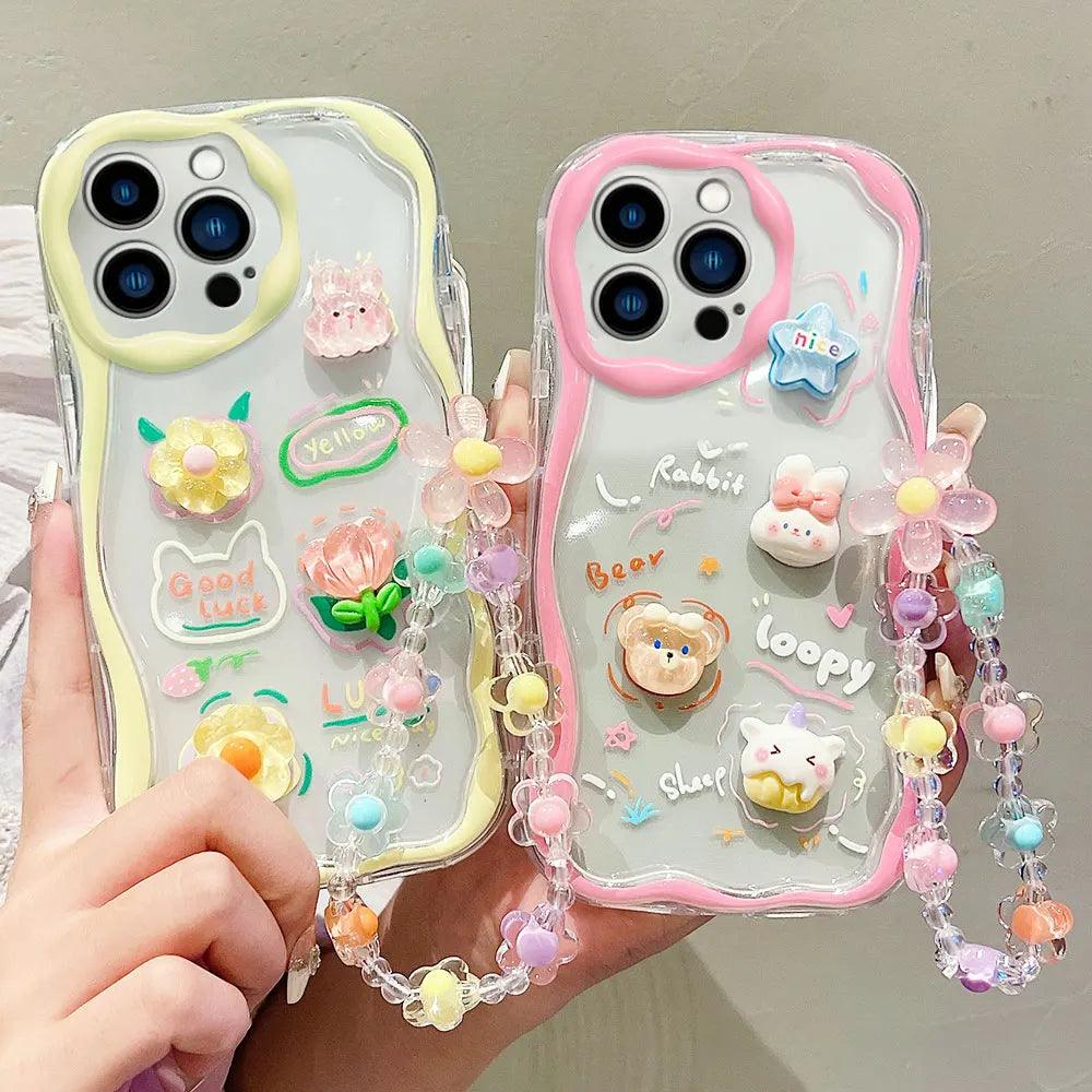 TSP181 Cute Phone Cases For iPhone 15, 14, 13, 12, 11, Pro Max, XS Max, XR, 8 Plus, and 7 - With Cartoon Bracelet Chain, Transparent Cover - Touchy Style