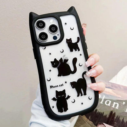 TSP184 Cute Phone Cases For iPhone 11, 12 Pro Max, 13, 14, and 15 - Moon Cat Ears Pattern - Transparent Bumper Cover - Touchy Style