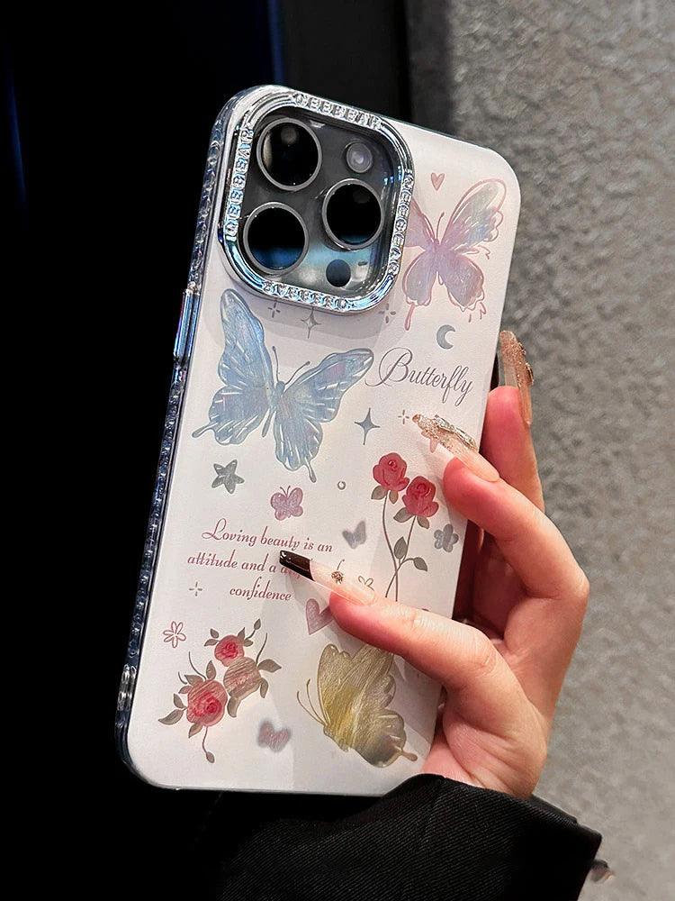 TSP185 Cute Phone Cases For iPhone 15, 14, 11, 12, 13 Pro Max, and 14 Plus - Laser Butterfly, and Shinny Flower Pattern - Touchy Style