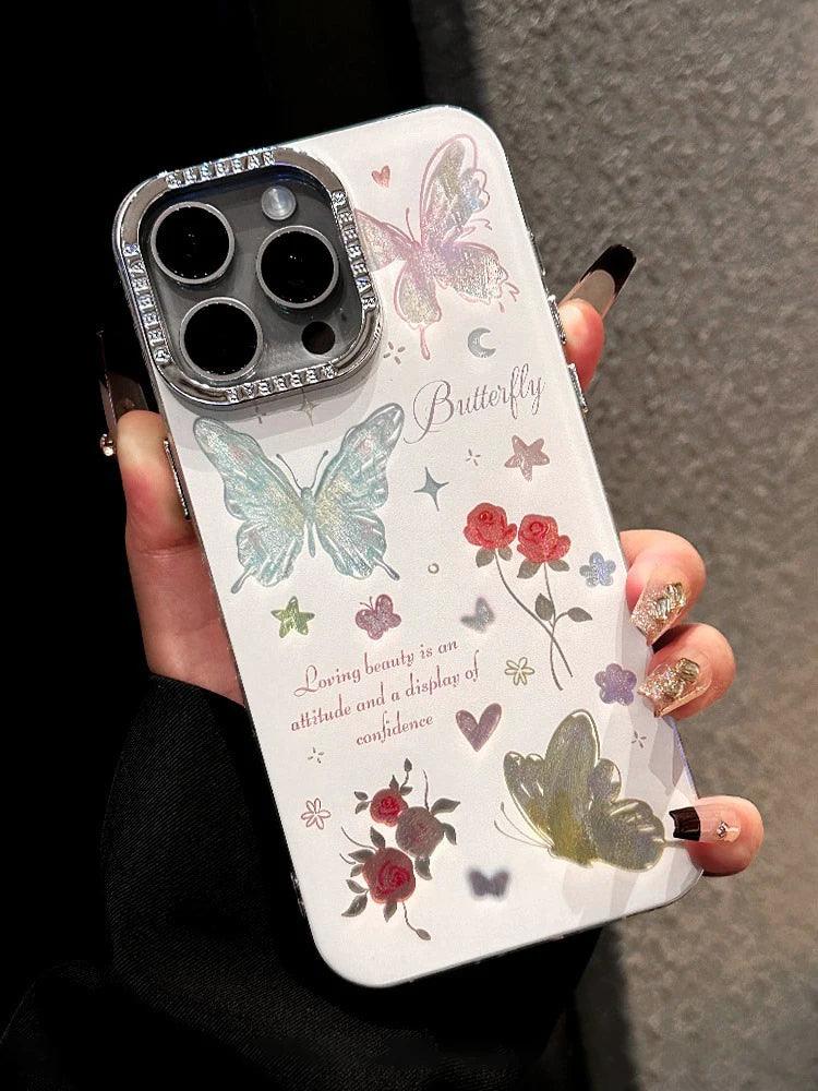 TSP185 Cute Phone Cases For iPhone 15, 14, 11, 12, 13 Pro Max, and 14 Plus - Laser Butterfly, and Shinny Flower Pattern - Touchy Style