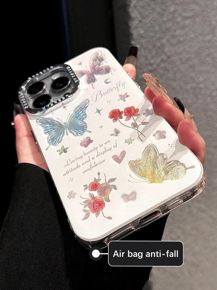 TSP185 Cute Phone Cases For iPhone 15, 14, 11, 12, 13 Pro Max, and 14 Plus - Laser Butterfly, and Shinny Flower Pattern - Touchy Style