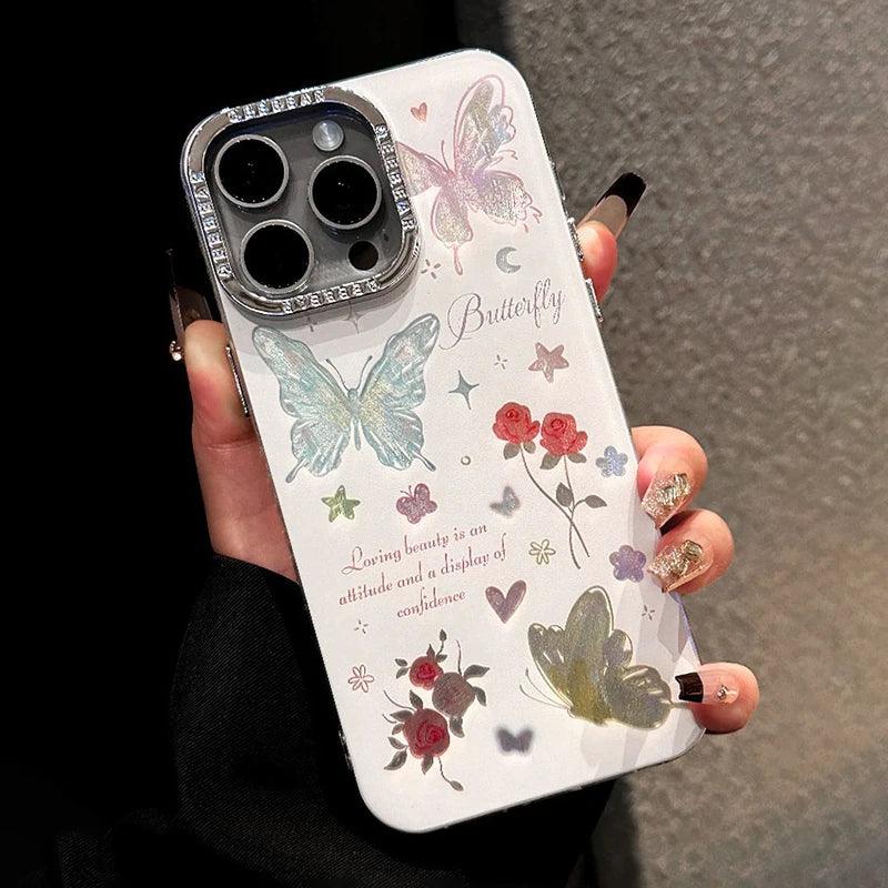 TSP185 Cute Phone Cases For iPhone 15, 14, 11, 12, 13 Pro Max, and 14 Plus - Laser Butterfly, and Shinny Flower Pattern - Touchy Style