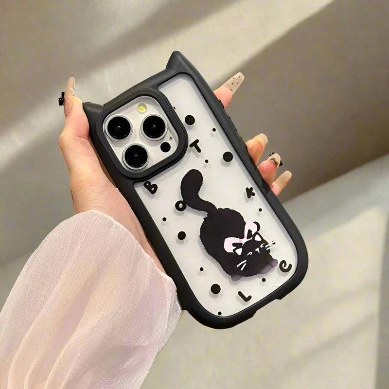 TSP186 Cute Phone Cases For iPhone models 13, 14, 15, 12 Pro Max, and 11 - Transparent Black Cat Ears Pattern - Touchy Style