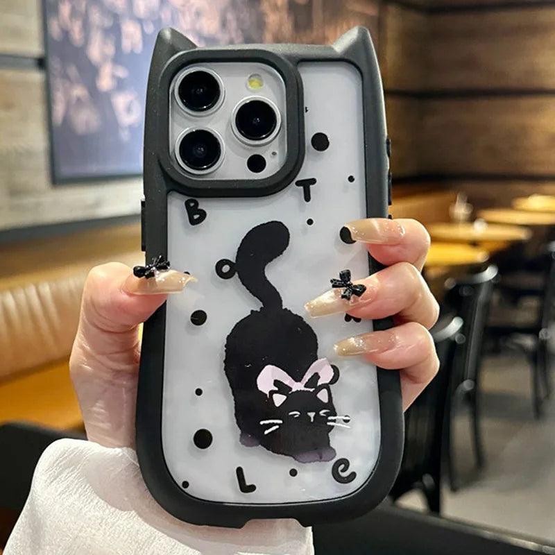 TSP186 Cute Phone Cases For iPhone models 13, 14, 15, 12 Pro Max, and 11 - Transparent Black Cat Ears Pattern - Touchy Style