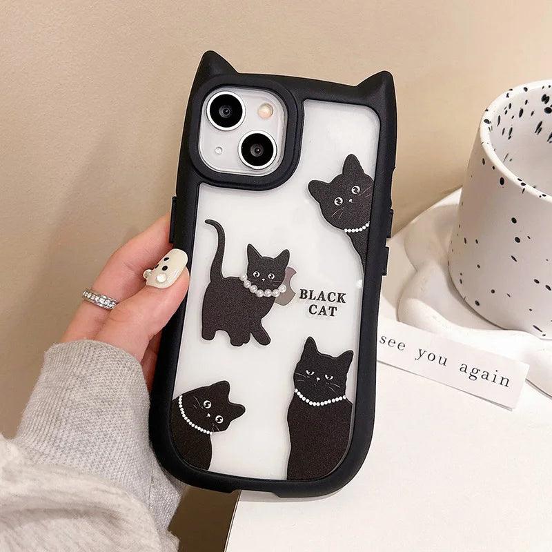 TSP196 Cute Phone Cases for iPhone 15, 14, 13, 12, and Pro Max 11 - Transparent Black Cat Ears Pattern - Touchy Style