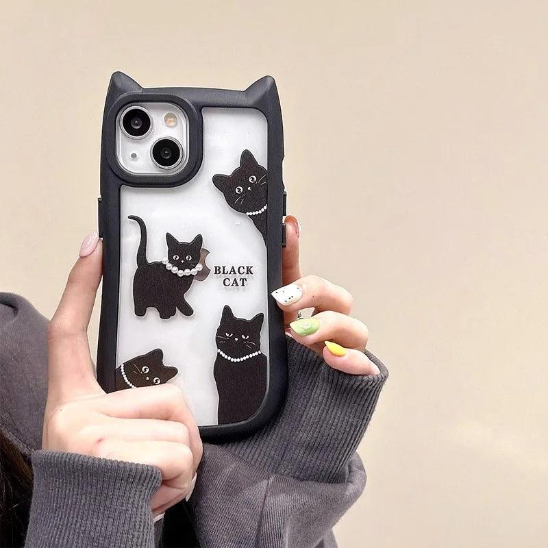 TSP196 Cute Phone Cases for iPhone 15, 14, 13, 12, and Pro Max 11 - Transparent Black Cat Ears Pattern - Touchy Style