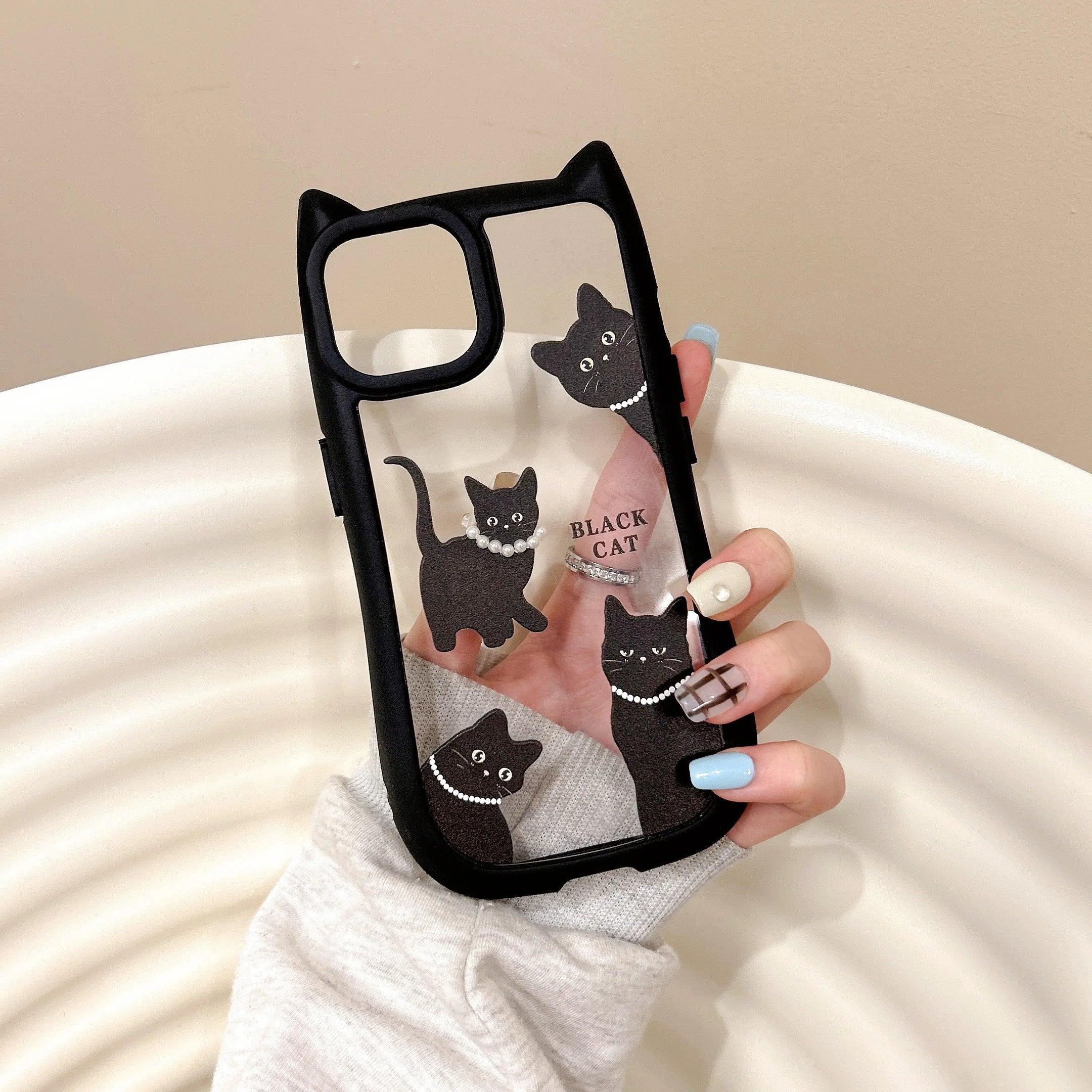 TSP196 Cute Phone Cases for iPhone 15, 14, 13, 12, and Pro Max 11 - Transparent Black Cat Ears Pattern - Touchy Style