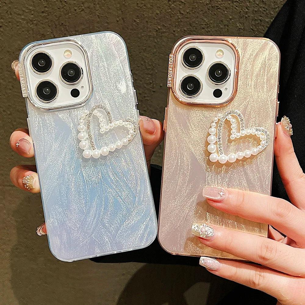 TSP198 Cute Phone Cases for iPhone 15, 14, 11, 12, 13 Pro Max, and 14, 15 Plus - Laser 3D Pearl Heart Pattern - Touchy Style