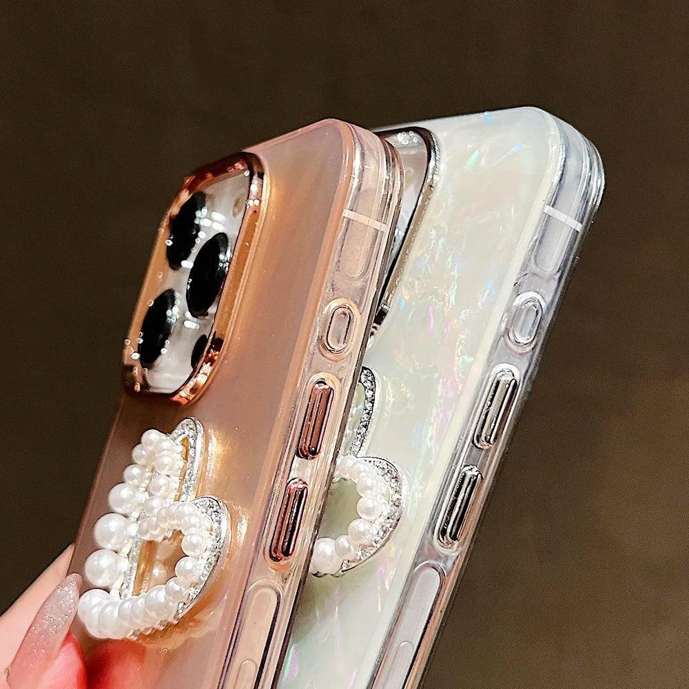 TSP198 Cute Phone Cases for iPhone 15, 14, 11, 12, 13 Pro Max, and 14, 15 Plus - Laser 3D Pearl Heart Pattern - Touchy Style