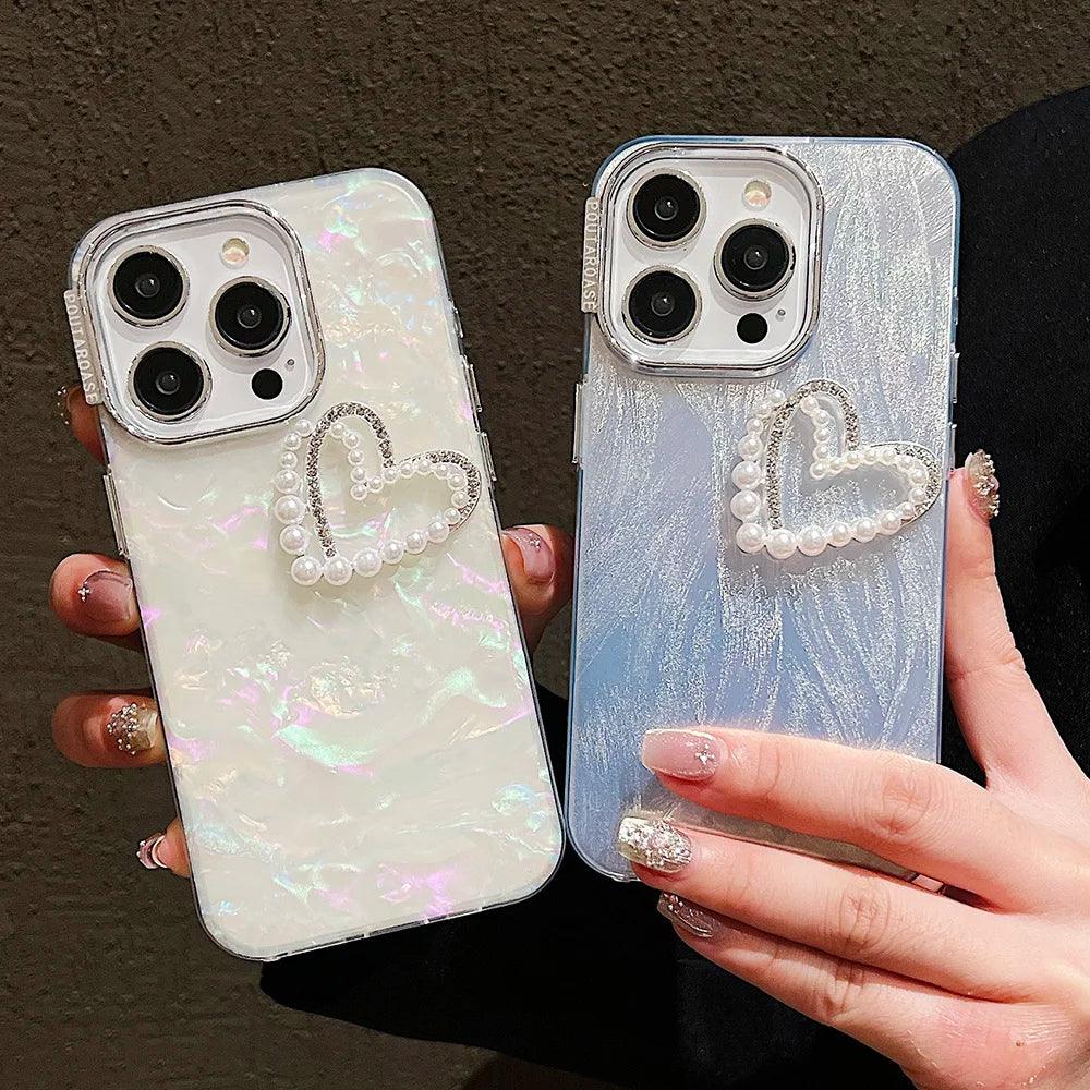 TSP198 Cute Phone Cases for iPhone 15, 14, 11, 12, 13 Pro Max, and 14, 15 Plus - Laser 3D Pearl Heart Pattern - Touchy Style