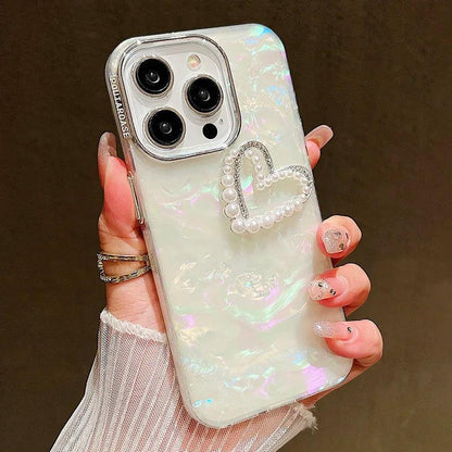 TSP198 Cute Phone Cases for iPhone 15, 14, 11, 12, 13 Pro Max, and 14, 15 Plus - Laser 3D Pearl Heart Pattern - Touchy Style