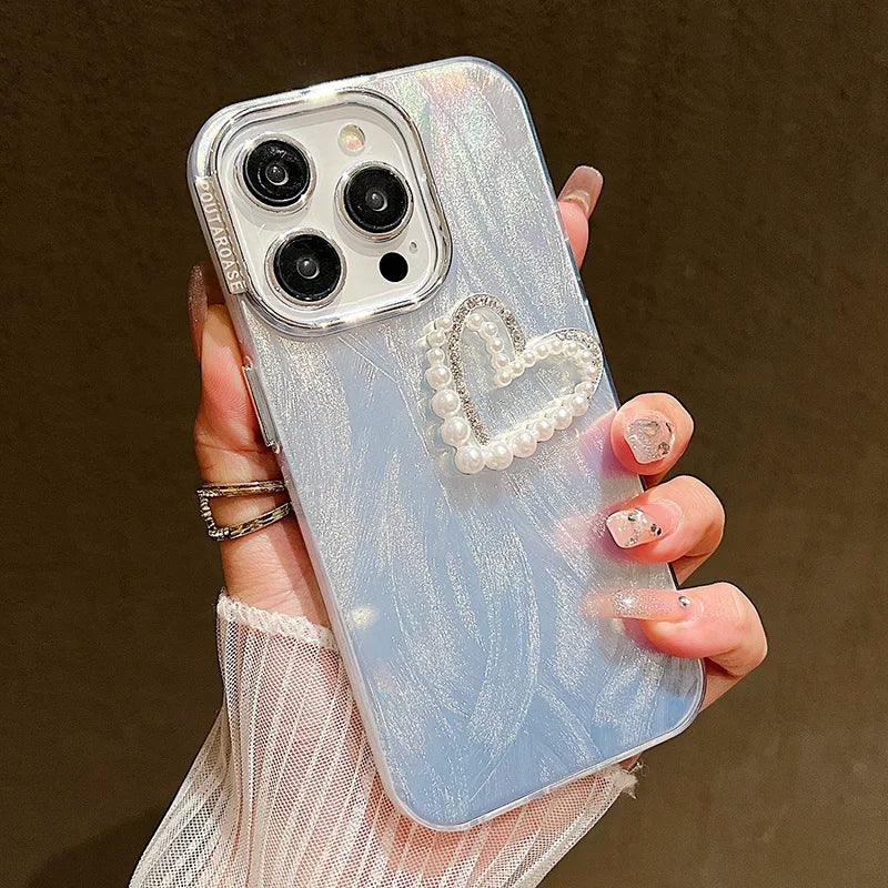 TSP198 Cute Phone Cases for iPhone 15, 14, 11, 12, 13 Pro Max, and 14, 15 Plus - Laser 3D Pearl Heart Pattern - Touchy Style