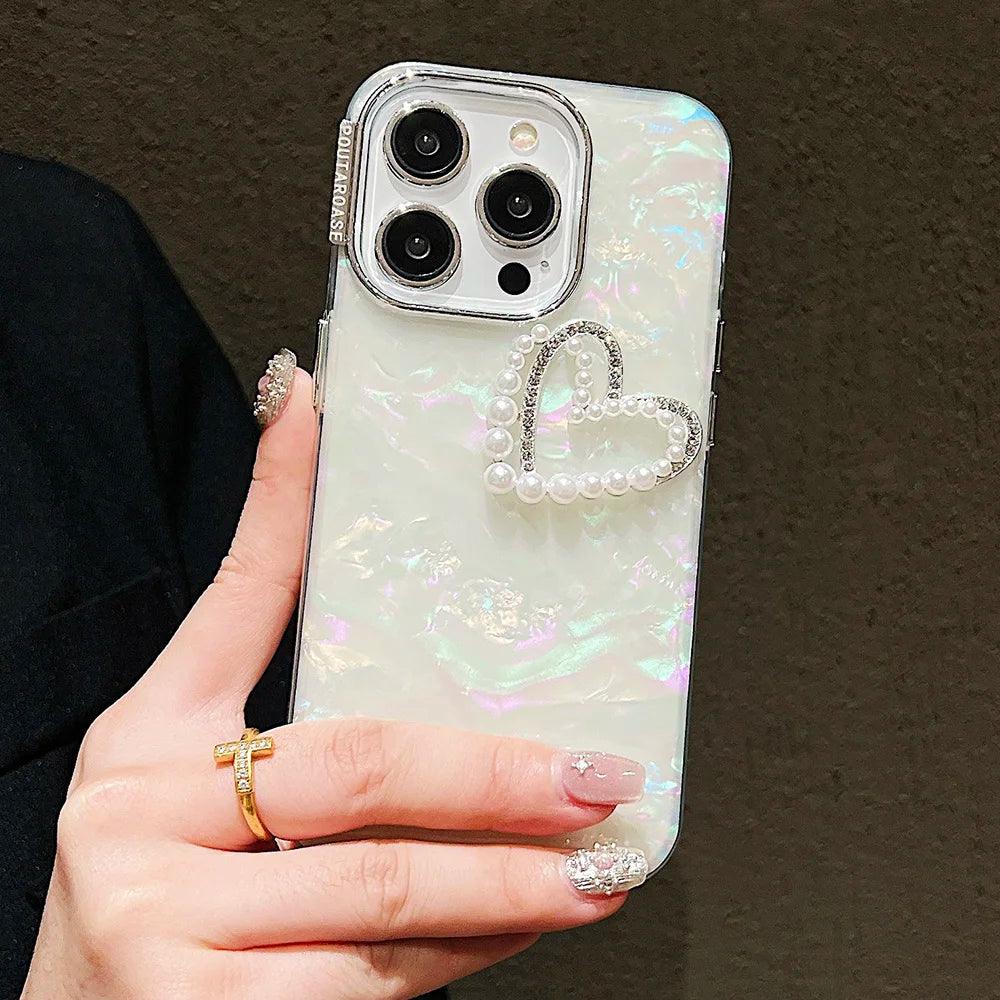 TSP198 Cute Phone Cases for iPhone 15, 14, 11, 12, 13 Pro Max, and 14, 15 Plus - Laser 3D Pearl Heart Pattern - Touchy Style