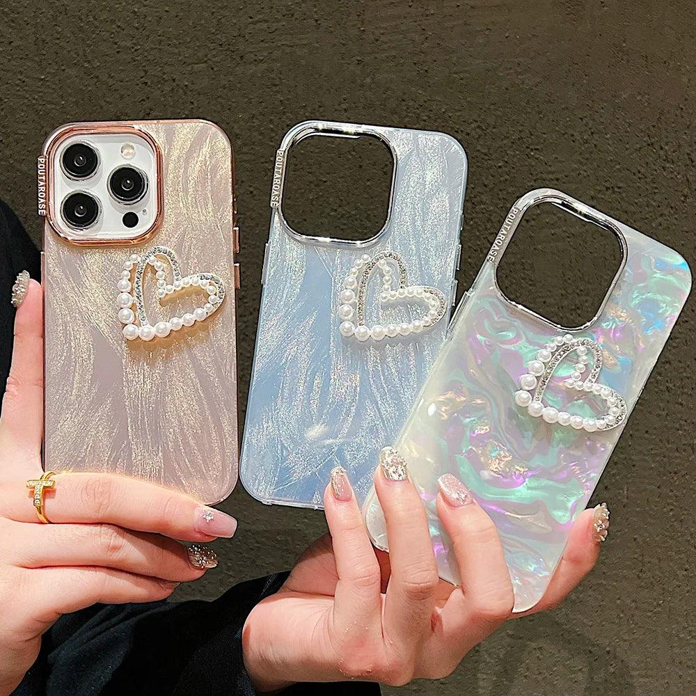 TSP198 Cute Phone Cases for iPhone 15, 14, 11, 12, 13 Pro Max, and 14, 15 Plus - Laser 3D Pearl Heart Pattern - Touchy Style