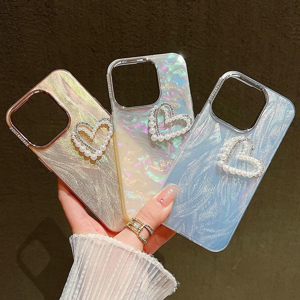 TSP198 Cute Phone Cases for iPhone 15, 14, 11, 12, 13 Pro Max, and 14, 15 Plus - Laser 3D Pearl Heart Pattern - Touchy Style